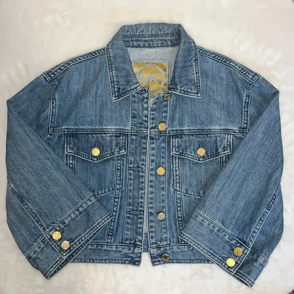 MICHAEL Michael Kors Cropped Denim Jacket Medium Wash with Gold Buttons | Size S - Picture 5 of 8